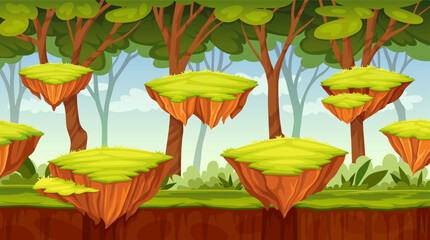 Fototapeta na wymiar Videogame landscape. 2d video game forest background, arcade play gaming level scene with ground platforms and trees computer backdrop screen, cartoon neoteric vector illustration
