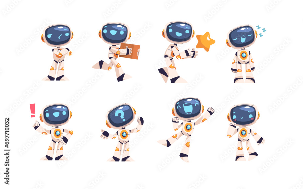 Poster bots mascot. chatbot service characters, personal assistant robots with digital screen, cute android