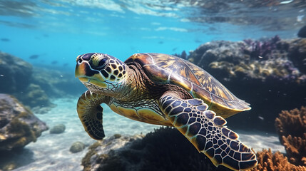 Naklejka na ściany i meble photo of Sea turtle in the Galapagos island. Generative AI