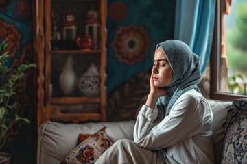 Young Muslim woman has a toothache interior living room background