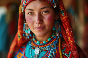 Beautiful young Kazakhstan woman in a traditional dress