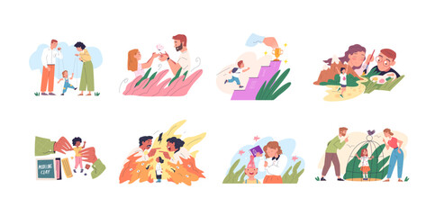 Fototapeta premium Parental influence. Parents children communicating problem, child personality development upbringing models parenting childcare love knowledge attachment classy vector illustration