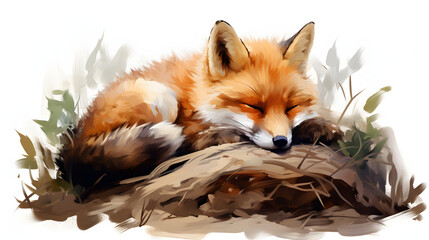 Sleeping little fox watercolor. Watercolor animal background. - obrazy, fototapety, plakaty