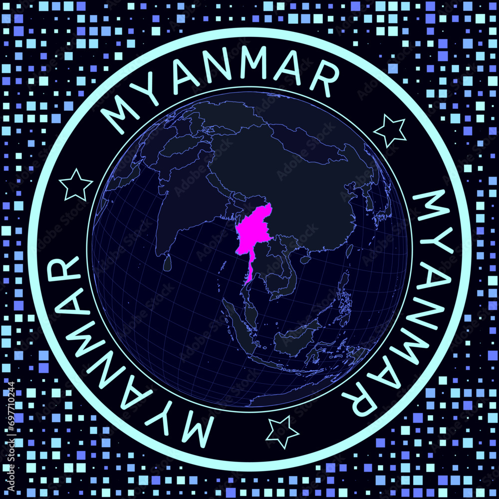 Poster myanmar on globe vector. futuristic satellite view of the world centered on myanmar. geographical il