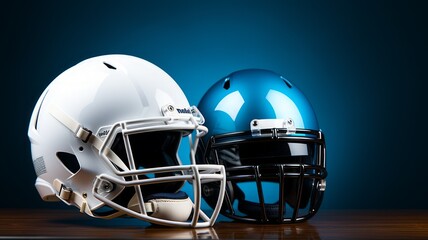 Two American football helmets