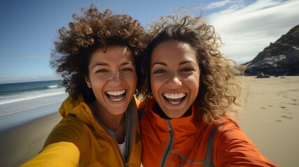 Selfie of two young women smiling on a beach