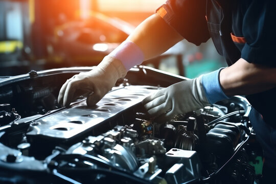 professional mechanic with gloves inspecting car engine