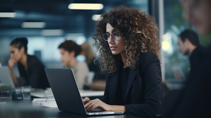 Young Stylish Female with Curly Hair Using Laptop Computer in Marketing Agency
