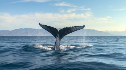 Seascape with Whale tail. The humpback whale (Megaptera novaeangliae) tail dripping. Generative AI