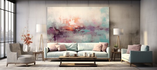 Cheerful Abstract Painting Living Room Decor Design with Colorful Wall Hanging Picture - obrazy, fototapety, plakaty