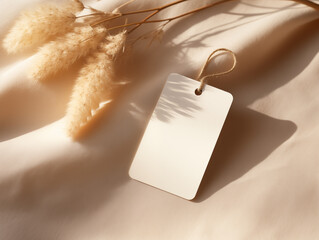 A photo shoot of two blank square tag on top of a table, silk cloth and leaves, With Generative AI technology