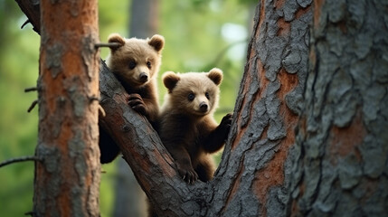 She-bear and bear cubs in the summer pine forest. Brown bear cub climbing on tree. Generative AI - obrazy, fototapety, plakaty