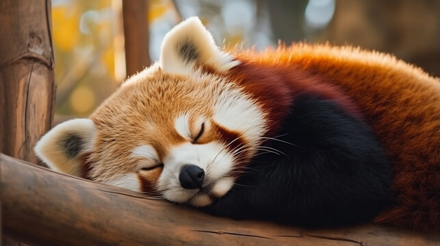 Sleeping Red Panda (Ailurus fulgens). Funny cute animal image of a red panda. Generative AI