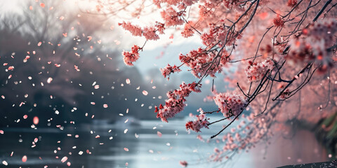 Sakura blossoms against the background of the river. Hanami. AI generation.