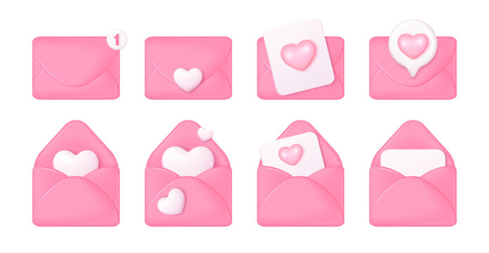 3d love envelope. Mail envelopes wedding invitation or love letters on valentine day, send message heart emoji design notice greeting open email, render nowaday vector illustration