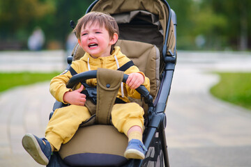 The unhappy child's face shows stress as he crying in the stroller during the park walk. Kid aged two years (two-year-old boy)