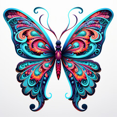 Fantasy Feminine Butterfly: Vibrant Vector Graphic in Swirls and Flourishes in Blue, Pink and Orange