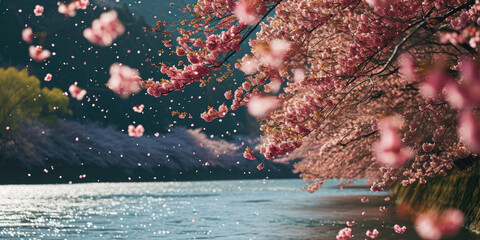Sakura blossoms against the background of the river. Hanami. AI generation.