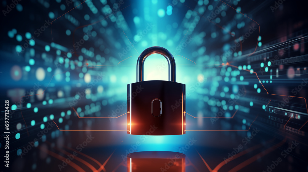 Poster a 3d image of a digital padlock securing a network of connected devices, 3d security, blurred backgr
