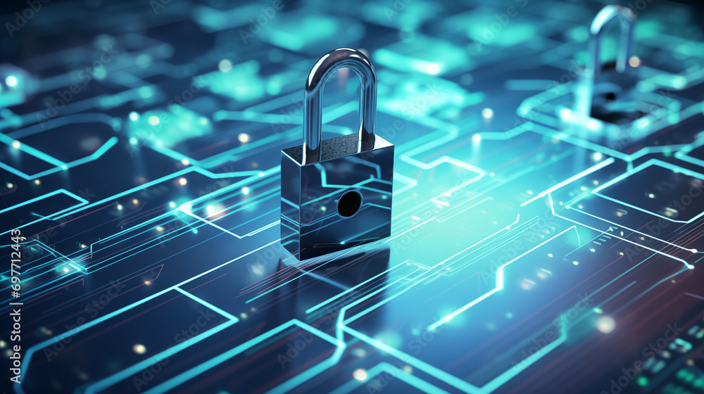 Poster a 3d image of a digital padlock securing a network of connected devices, 3d security, blurred backgr