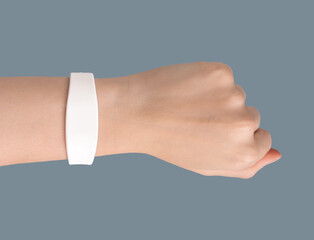 Silicon rubber bracelet mockup, key band with chip on hand wrist - obrazy, fototapety, plakaty
