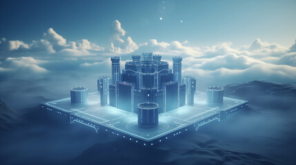 A 3D digital fortress representing secure cloud storage, 3d security, blurred background, with copy space - obrazy, fototapety, plakaty