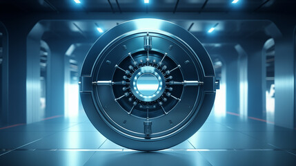 A 3D rendering of a secure steel vault door opening, 3d security, blurred background, with copy space