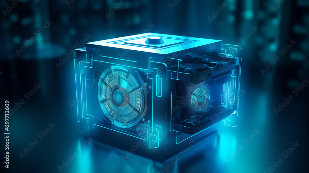 Poster a 3d concept of a digital safe with a complex lock mechanism, 3d security, blurred background, with 