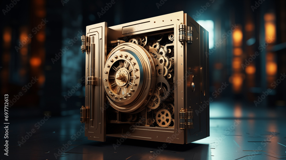 Poster a 3d concept of a digital safe with a complex lock mechanism, 3d security, blurred background, with 