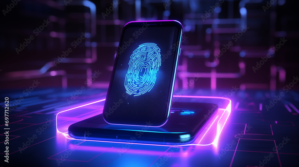 Poster a 3d rendering of a biometric handprint scanner, 3d security, blurred background, with copy space