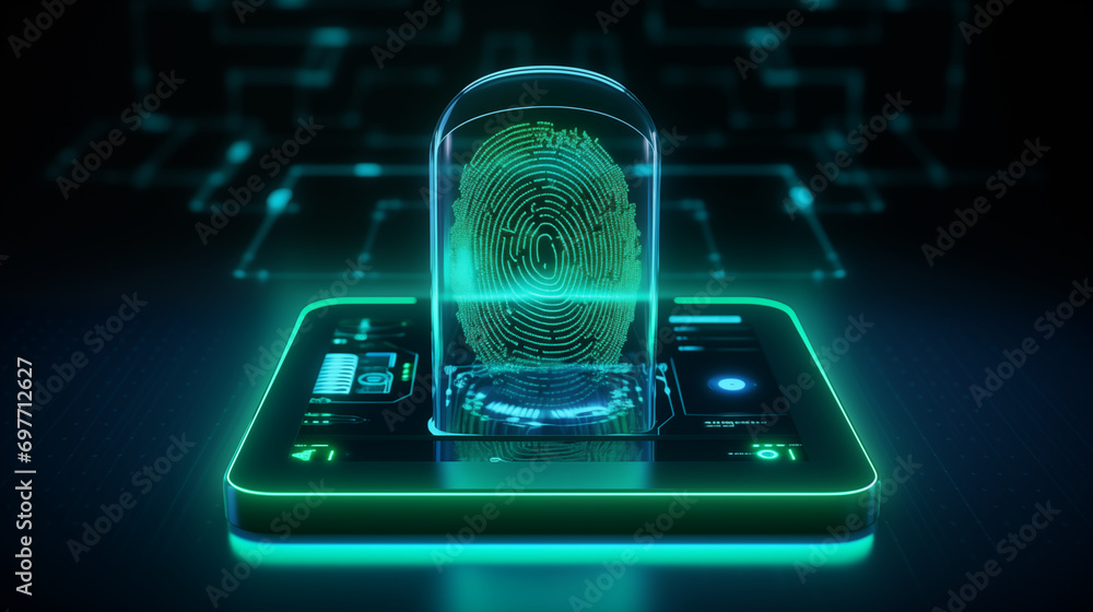 Aufkleber a 3d rendering of a biometric handprint scanner, 3d security, blurred background, with copy space
