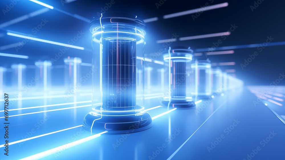 Poster a 3d render of a high-tech security barrier system, 3d security, blurred background, with copy space