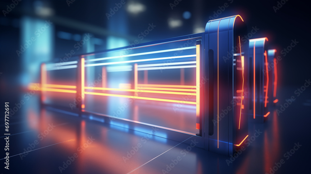 Poster a 3d image of a security barrier gate with access control, 3d security, blurred background, with cop