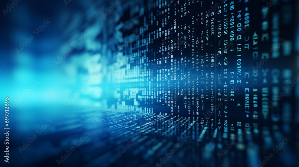 Poster an illustration of a 3d encrypted code securing sensitive data, 3d security, blurred background, wit