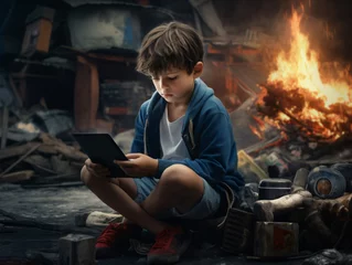 Poster Niño adicto a las pantallas y a las redes sociales mientras el mundo pasa a su alrededor © Julio