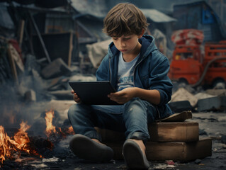 Niño adicto a las pantallas y a las redes sociales mientras el mundo pasa a su alrededor - obrazy, fototapety, plakaty