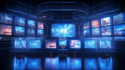 An illustration of a 3D advanced security control room monitoring screens, 3d security, blurred background, with copy space
