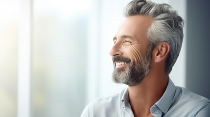 Caucasian middle aged smiling man in trendy casual clothes head shot portrait. Positive happy guy feels optimistic. Handsome confident mature good looking male laughing feeling excited close up shot.. - obrazy, fototapety, plakaty