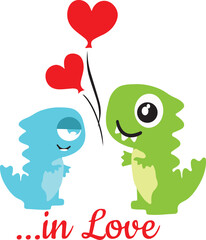 dinosaur couple illustration with hearts, romantic and valentine design vector EPS