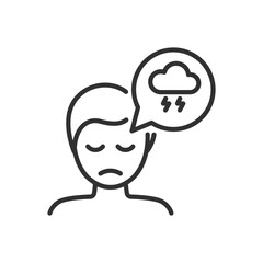 Obraz premium Person experiences bad emotions, linear icon, sadness, person and cloud with lightning. Line with editable stroke