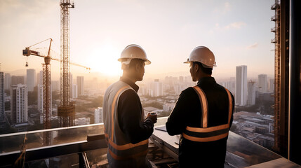 Structural engineer and foreman worker. Engineer teams meeting working together wear worker helmets on skyscraper building construction. Generative AI