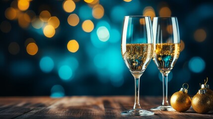 two champagne glasses on the table in the interior. Festive background for wedding, birthday or Christmas.