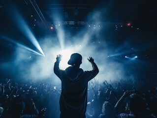 Rapero dando un concierto en enorme escenario con humo y luces de contra azules - obrazy, fototapety, plakaty