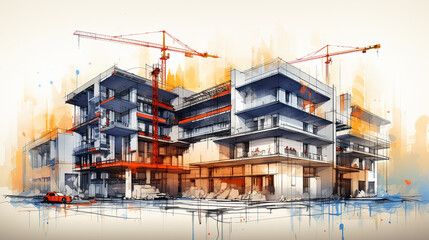 Picture of digital building construction illustration. Metal frame construction, crane, building engineers, architecture technical background. Generative AI