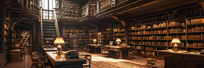 Classic Wooden Library Interior with Bookshelves, Desks, and Ladder