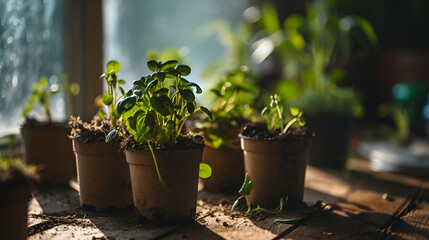 Indoor Garden Seedling Growth in Terra-Cotta Pots on Wooden Table