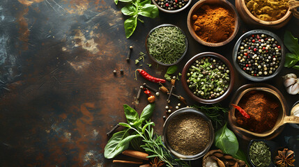 Assorted Organic Spices and Herbs on Rustic Kitchen Rack