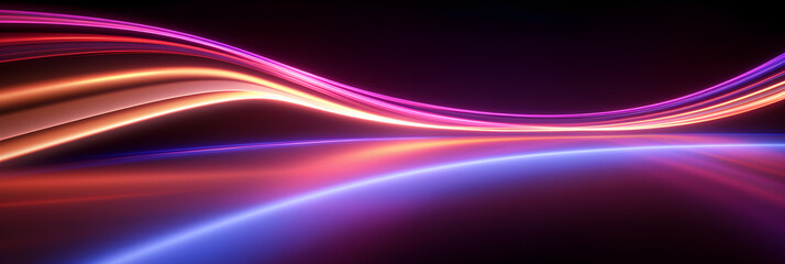 3d render. Abstract neon background. Fluorescent ines glowing in the dark room with floor reflection. Virtual dynamic ribbon. Fantastic panoramic wallpaper. Energy concept