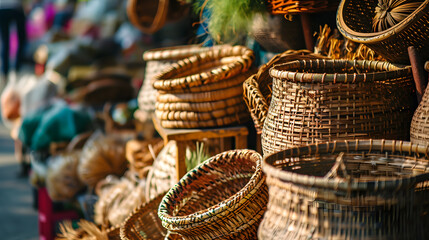 Handcrafted Woven Baskets at Traditional Market Stall - obrazy, fototapety, plakaty