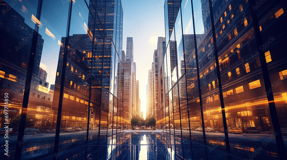 Wall mural Bottom up view of reflective skyscraper buildings. Business office center in the big city, high rise building covered in glass window. Generative AI